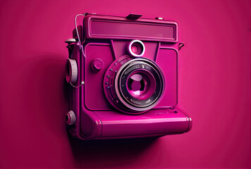 old camera in Viva magenta color, trending color of 2023, illustration - obrazy, fototapety, plakaty