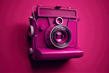 Fotobehang old camera in Viva magenta color, trending color of 2023, illustration © neirfy