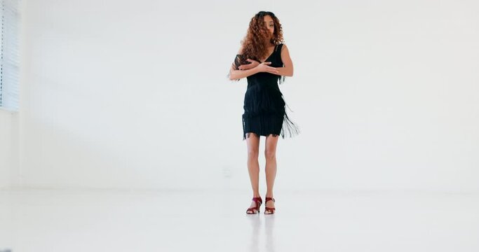 Salsa, woman and dancing on white background for teaching dance, art and steps for ballroom, flamenco or samba performance. Dancer on studio mockup with energy, passion and freedom of movement