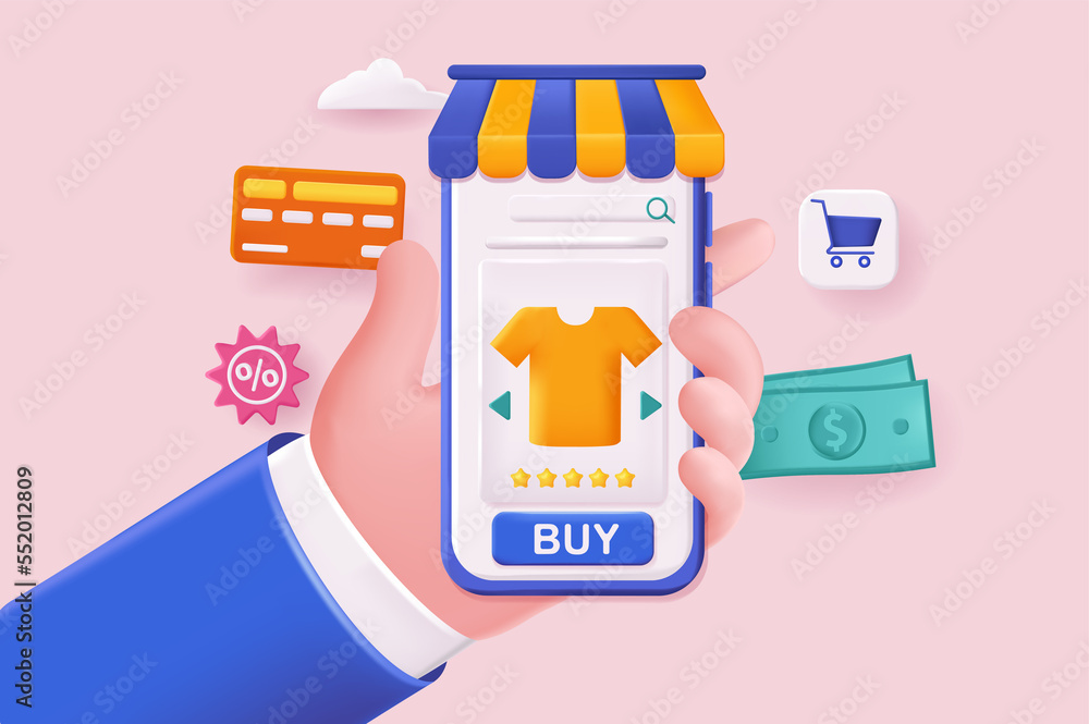Poster mobile shopping concept 3d illustration. icon composition with application interface for shopping in
