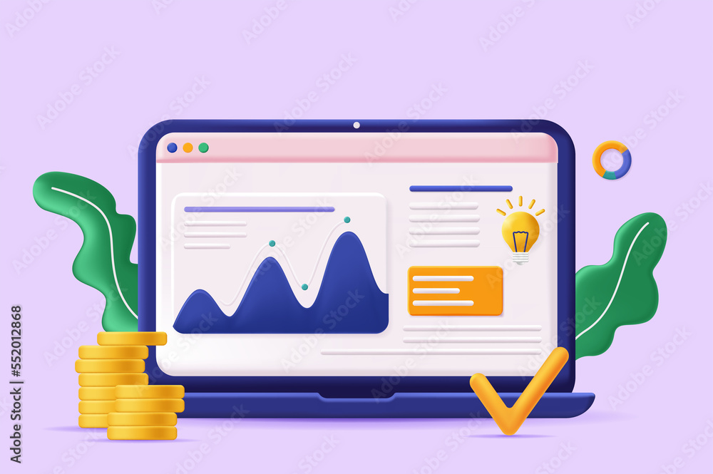Poster online business concept 3d illustration. icon composition with site interface with graphs of e-busin