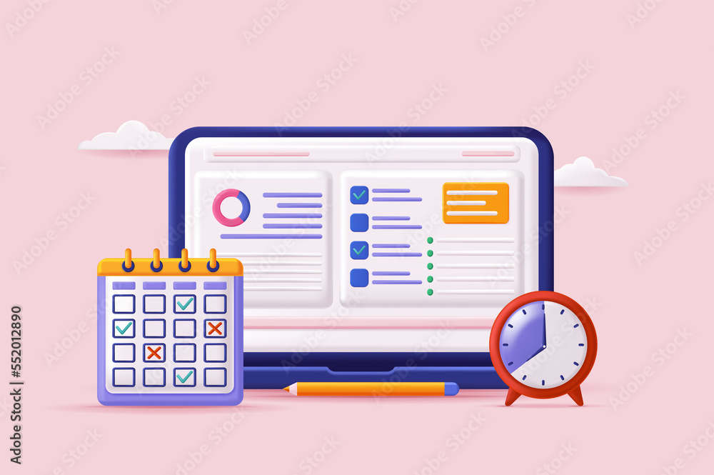 Poster planning concept 3d illustration. icon composition with site interface with checklists and schedule,