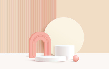 Abstract 3d white cylinder pedestal podium with pastel wall scene and circle backdrop, scene for advertising