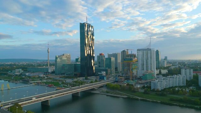 Vienna skyline aerial view drone footage fo city vienna austria, vienna skyscrapers river bridge view.