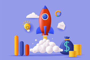 Startup concept 3D illustration. Icon composition with rocket launch, money coins and graphics. Market analysis, brainstorming, planning and launch business. Illustration for modern web design