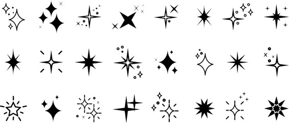 Set of sparkles star icons.Star png  icon.Bright firework.Light icon set.Flash,shine sparkle icon,glare,blink star.Black star icons isolated on white background.Christmas star.