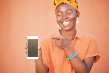 Phone screen, mockup and african woman with fashion website, sales promotion and marketing space...