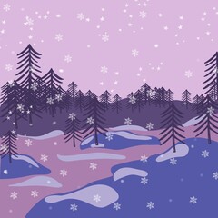 Fototapeta na wymiar Night winter abstract Background. Snow, hills, trees. Flat Design Illustration, Template for poster and postcard