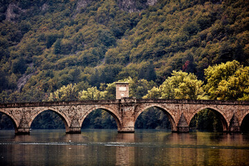 Bridge on river Drina, famous historic Ottoman architecture in Visegrad, Bosnia and Herzegovina.