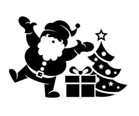 Santa Claus is dancing near Christmas tree with gifts. Vector icon isolated on transparent background