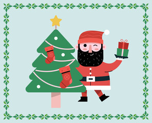 Christmas Santa Claus greeting holding gifts behind the Christmas tree decoration with socks. Decorative abstract shape natural leaves frame border.