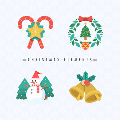 Chrismas Holiday decoration element. Candy, wreath, snowman, jingle bell, christmas tree holly berry. illustration vector symbol.