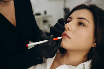 Beauty stylist making lips shape before permanent makeup procedure at the cosmetic salon - obrazy, fototapety, plakaty