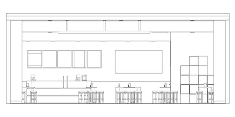 The contour of the cafe room with tables and chairs from black lines isolated on a white background. Front view. Vector illustration.