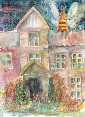 House under the night starry sky with a bee on the roof