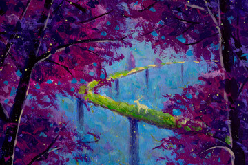 Fantasy acrylic painting deer on green road among extraterrestrial beautiful pink purple flowers trees art background