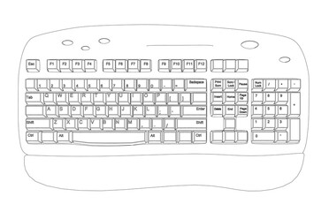 Outline of a computer keyboard from black lines isolated on a white background. View from above. 3D. Vector illustration.