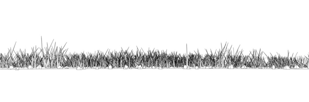 Grass contour with stones from black lines isolated on white background. Vector illustration.