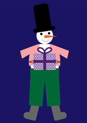 
Image of a slightly thinner Christmas snowman in a suit, in a top hat and with a gift in his hands