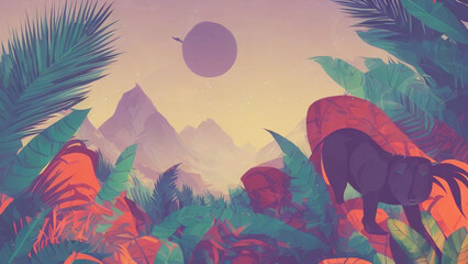 illustration style, Lush, green jungle with exotic plants