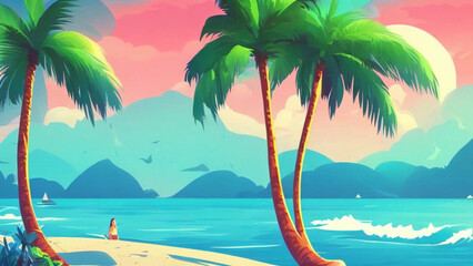illustration style, Relaxing, sandy beach with crystal-clear waters and palm trees
