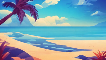 Fototapeta na wymiar illustration style, Relaxing, sandy beach with crystal-clear waters and palm trees