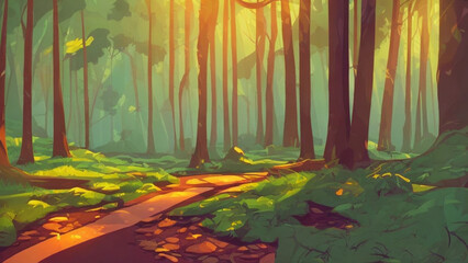illustration style, Serene forest path with dappled sunlight and fallen leave