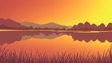 Poster illustration style, Beautiful, dreamy landscape with golden fields and a peaceful lake © Haze
