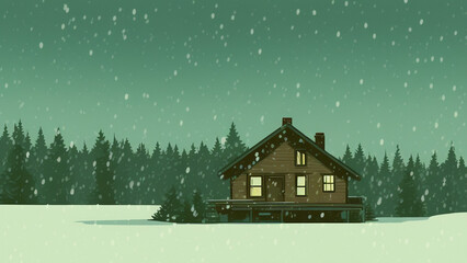 Naklejka premium illustration style, Warm and cozy winter cabin nestled in a snow-covered forest