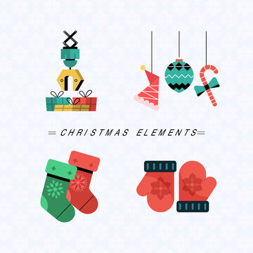 Christmas celebrate decoration ornament elements. Claw machine grab present, decorative balls candy, santa hat, socks, glove.