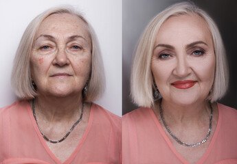 Portrait of old aged woman before and after makeup	
