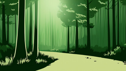 illustration style, Peaceful, green forest with a winding path and sunlight streaming through the trees