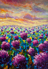 Fototapeta na wymiar Vertical Oil painting flowers landscape - colorful pink purple Flower wildflowers art impressionism