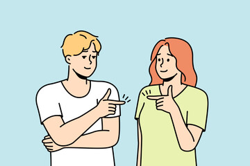 Guy, girl point fingers at each other. Woman, man avoid solving problems. Husband shifts responsibility to wife. Girlfriend blames failure, criticizes boyfriend. Vector line art colored illustration.