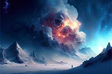 Sci-fi snow planet landscape. Dramatic concept art with planets and galaxy and star explosions.