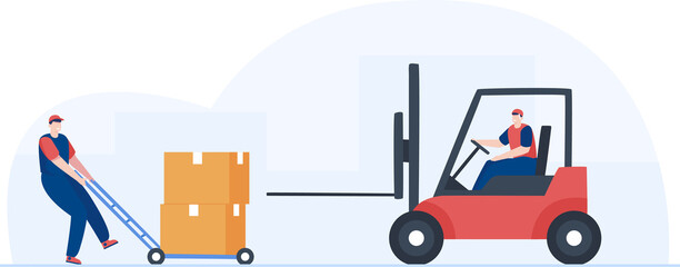 Forklift lifting weight. Worker loading packages on forklift. Illustration