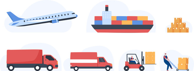 Global logistics delivery. cargo export and Import. car airplane  ship forklift  and  truck. International delivery. Illustration