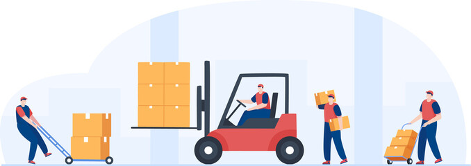 Warehouse workers lifting box with forklift.  Warehouse forklift logistics. transport industry. Illustration © yellow_man