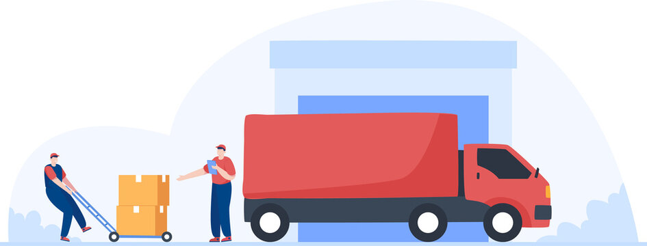 Delivery truck service. Warehouse workers moving boxes.  Illustration