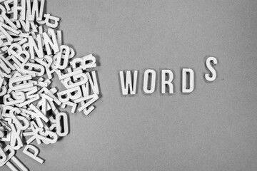 background with a pile of wooden capital letters spilling into words - WORDS - black and white