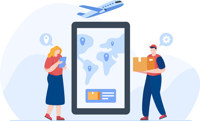 Worldwide Parcel Services. Track parcels on smartphone. Vector illustration