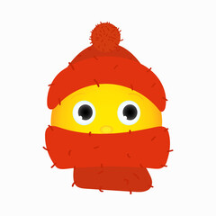 Smiley icon dressed in a warm winter scarf and hat in red. Suitable for use as emoji, stickers. 3 D. Vector illustration.