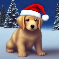 puppy in santa claus hat, Christmas dog 