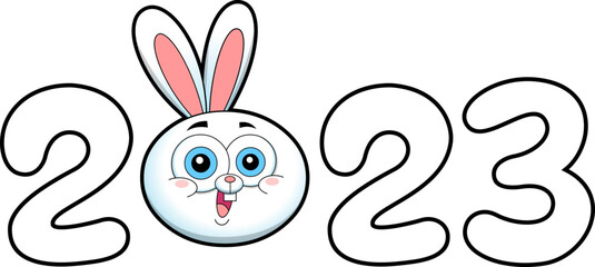 Year Year Of The Rabbit Zodiac With Funny Bunnie Head Cartoon Characters And Numbers. Vector Hand Drawn Illustration Isolated On Transparent Background