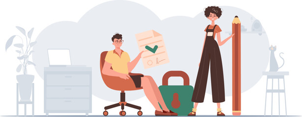 The guy and the girl sign a contract. The concept of signing a contract. Data protection. Modern style character.