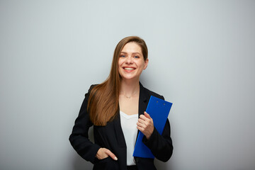 Smiling business woman holding clipboard tablet. Isolated portrait with copy space. - obrazy, fototapety, plakaty