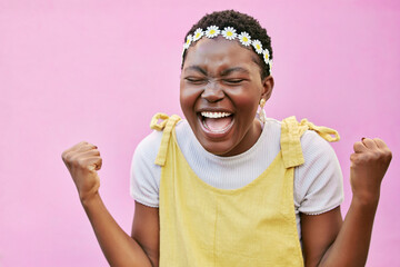 Happy, black woman and excited, success and winner scream yes, celebrate and cheers against pink background. Happiness, motivation and positive mindset with win and achievement with fist and mockup. - obrazy, fototapety, plakaty