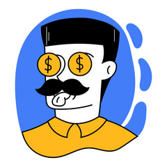 Financial motivation and growth. Vector illustration. Employee, businessman with coins eyes. Looking forward to success and earnings. Concept of business, finances