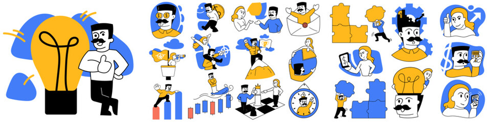 Set of vector illustrations. Employees of different departments working together on new company projects. Teamwork. Concept of business, career development, partnership