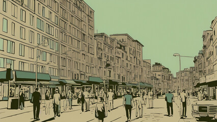 illustration style, Vibrant, bustling city street with shops, cafes, and people.